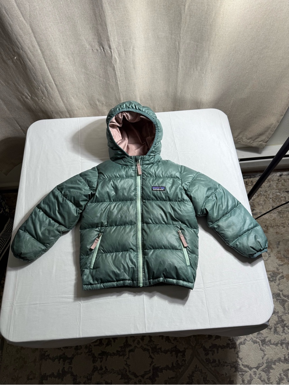 Patagonia Hi-Loft Green Puffer Jacket 4T Unisex Baby & Toddler Hooded Duck Down